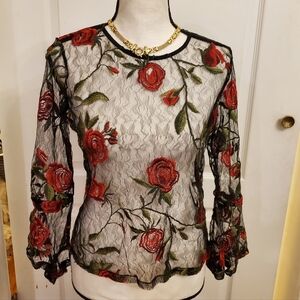 Lord & Taylor sheer mesh top w/floral embroidery bell sleeves size XS